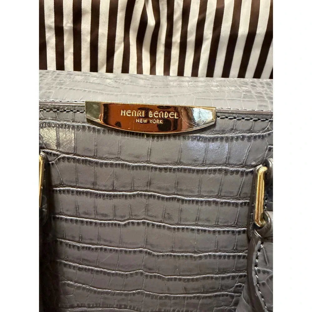 Henri Bendel Grey Crocodile Embossed Leather Satchel Handbag Gold Hardware